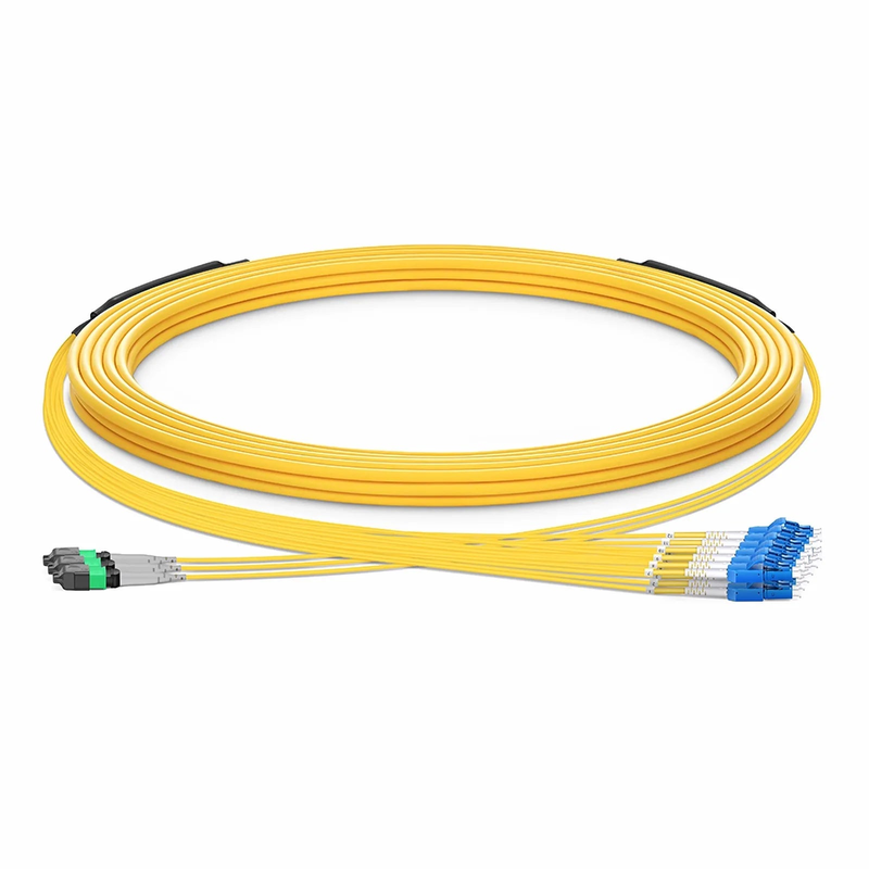 30m (98ft) MTP® Hybrid Trunk Cable, MTP®-8 APC (Female) to 4 LC UPC Duplex Uniboot, 24 Fibers, Single Mode (OS2), Plenum (OFNP), 0.35dB Max, Type B, Double Jacket, Yellow
