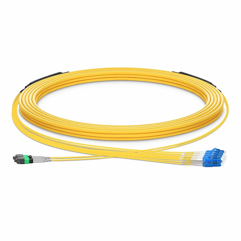 30m (98ft) MTP® Hybrid Trunk Cable, MTP®-8 APC (Female) to 4 LC UPC Duplex Uniboot, 16 Fibers, Single Mode (OS2), Plenum (OFNP), 0.35dB Max, Type B, Double Jacket, Yellow