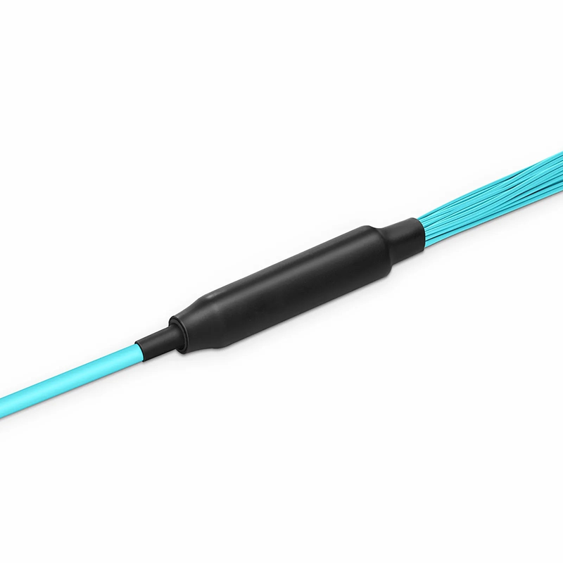 30m (98ft) MTP® Hybrid Trunk Cable, MTP®-12 UPC (Female) to 6 LC UPC Duplex Uniboot, 48 Fibers, Multimode (OM3), Plenum (OFNP), 0.20dB Max, Type B, Double Jacket, Aqua