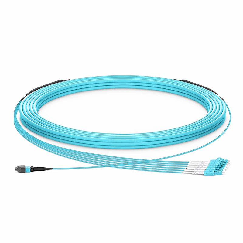 30m (98ft) MTP® Hybrid Trunk Cable, MTP®-12 UPC (Female) to 6 LC UPC Duplex Uniboot, 12 Fibers, Multimode (OM3), Plenum (OFNP), 0.20dB Max, Type B, Double Jacket, Aqua