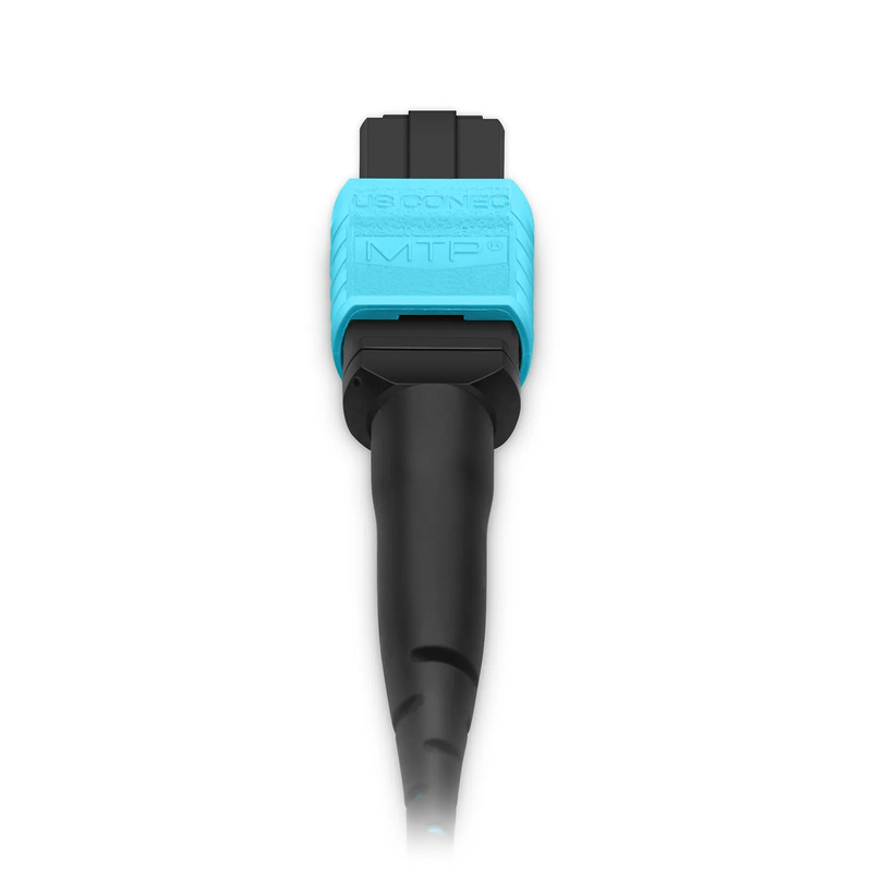 30m (98ft) MTP® Hybrid Trunk Cable, MTP®-12 UPC (Female) to 6 LC UPC Duplex Uniboot, 12 Fibers, Multimode (OM3), Plenum (OFNP), 0.20dB Max, Type B, Double Jacket, Aqua