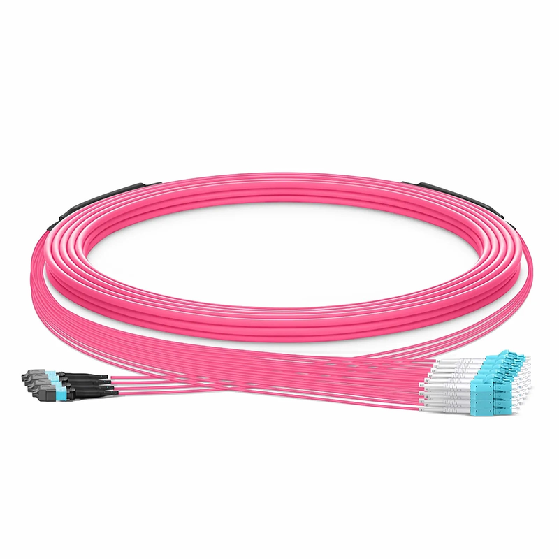 30m (98ft) MTP® Hybrid Trunk Cable, MTP®-12 UPC (Female) to 6 LC UPC Duplex Uniboot, 48 Fibers, Multimode (OM4), Plenum (OFNP), 0.20dB Max, Type B, Double Jacket, Magenta