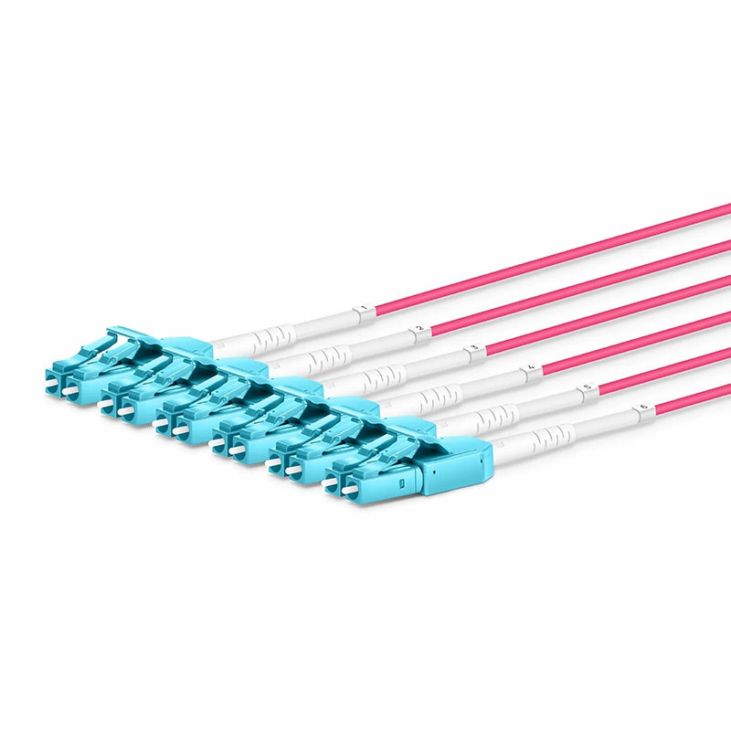 30m (98ft) MTP® Hybrid Trunk Cable, MTP®-12 UPC (Female) to 6 LC UPC Duplex Uniboot, 48 Fibers, Multimode (OM4), Plenum (OFNP), 0.20dB Max, Type B, Double Jacket, Magenta
