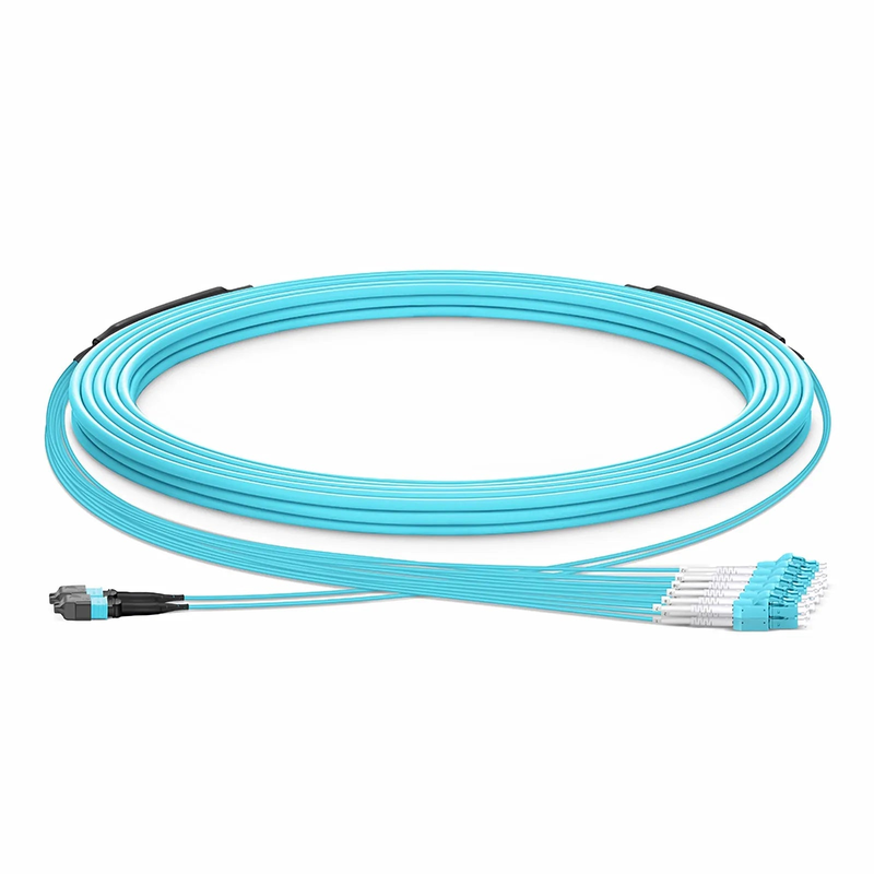30m (98ft) MTP® Hybrid Trunk Cable, MTP®-12 UPC (Female) to 6 LC UPC Duplex Uniboot, 24 Fibers, Multimode (OM3), Plenum (OFNP), 0.20dB Max, Type B, Double Jacket, Aqua