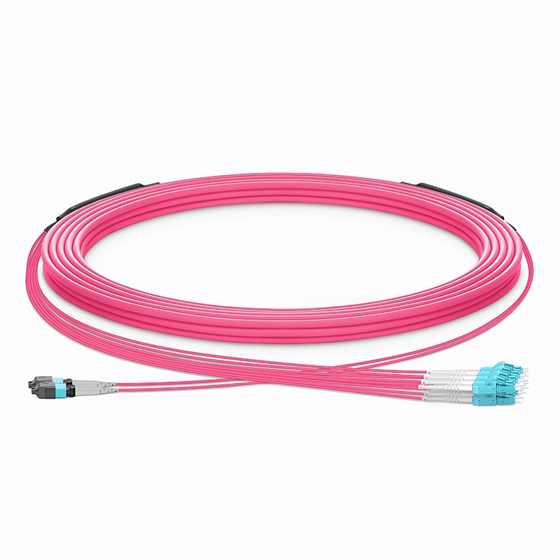 30m (98ft) MTP® Hybrid Trunk Cable, MTP®-8 UPC (Female) to 4 LC UPC Duplex Uniboot, 16 Fibers, Multimode (OM4), Plenum (OFNP), 0.20dB Max, Type B, Double Jacket, Magenta