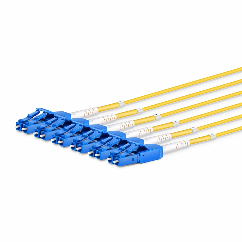30m (98ft) MTP® Hybrid Trunk Cable, MTP®-12 APC (Female) to 6 LC UPC Duplex Uniboot, 48 Fibers, Single Mode (OS2), Plenum (OFNP), 0.35dB Max, Type B, Double Jacket, Yellow