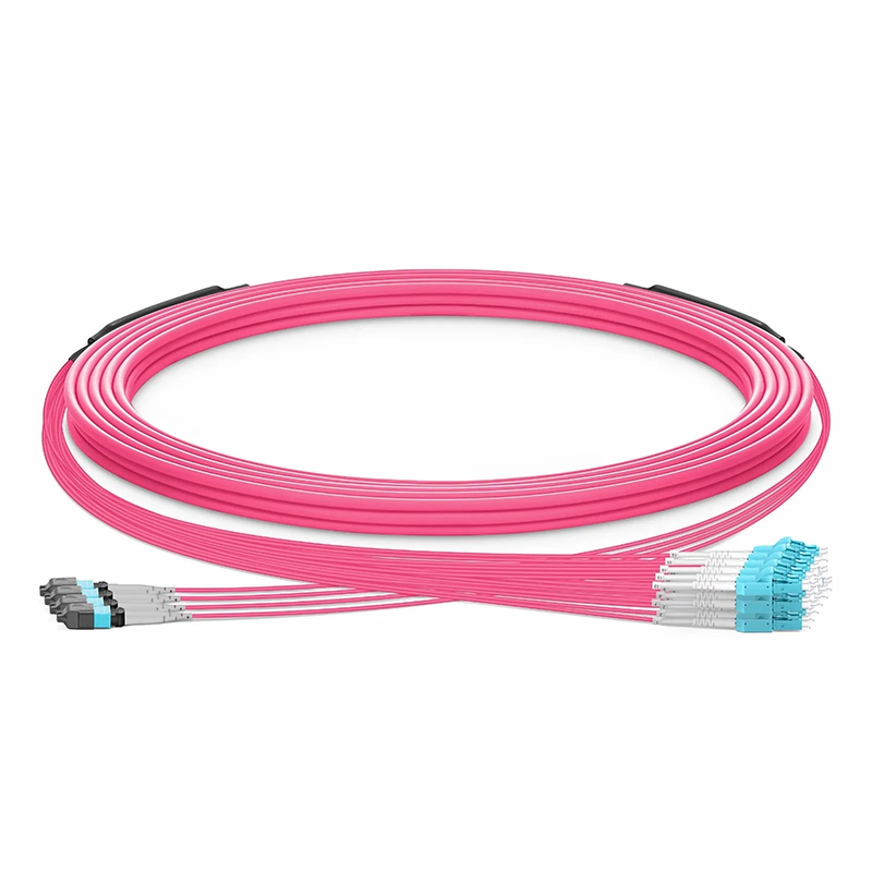 30m (98ft) MTP® Hybrid Trunk Cable, MTP®-8 UPC (Male) to 4 LC UPC Duplex Uniboot, 32 Fibers, Multimode (OM4), Plenum (OFNP), 0.20dB Max, Type B, Double Jacket, Magenta