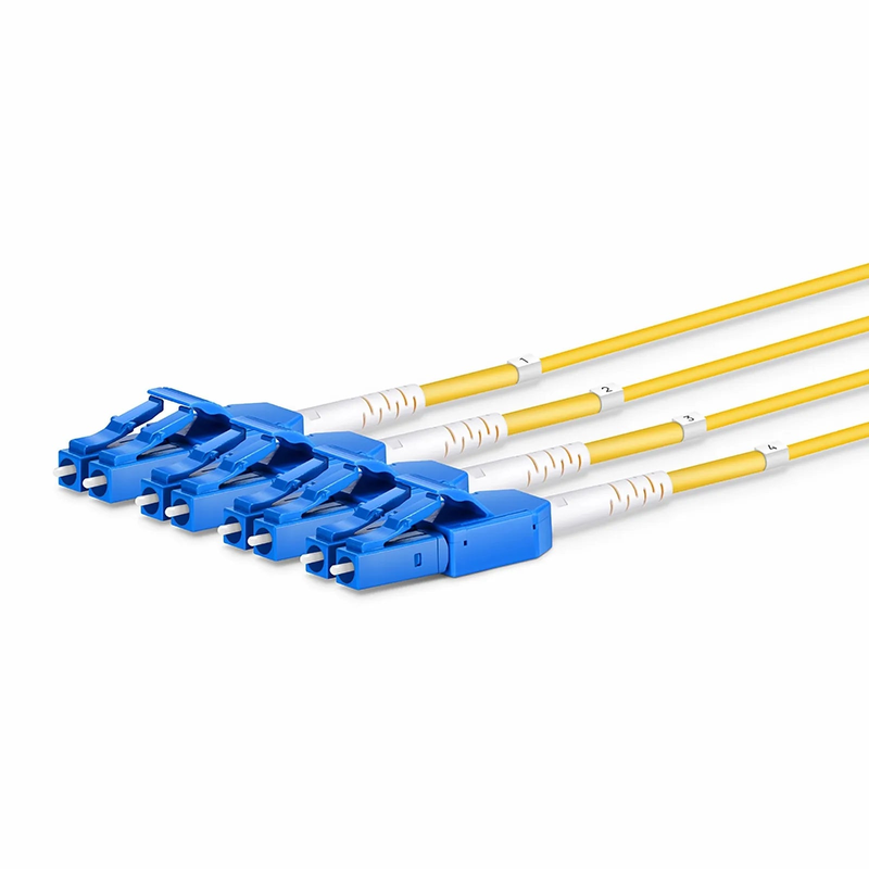 30m (98ft) MTP® Hybrid Trunk Cable, MTP®-8 APC (Male) to 4 LC UPC Duplex Uniboot, 32 Fibers, Single Mode (OS2), Plenum (OFNP), 0.35dB Max, Type B, Double Jacket, Yellow
