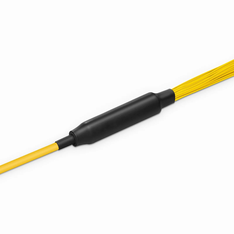 30m (98ft) MTP® Hybrid Trunk Cable, MTP®-8 APC (Male) to 4 LC UPC Duplex Uniboot, 32 Fibers, Single Mode (OS2), Plenum (OFNP), 0.35dB Max, Type B, Double Jacket, Yellow