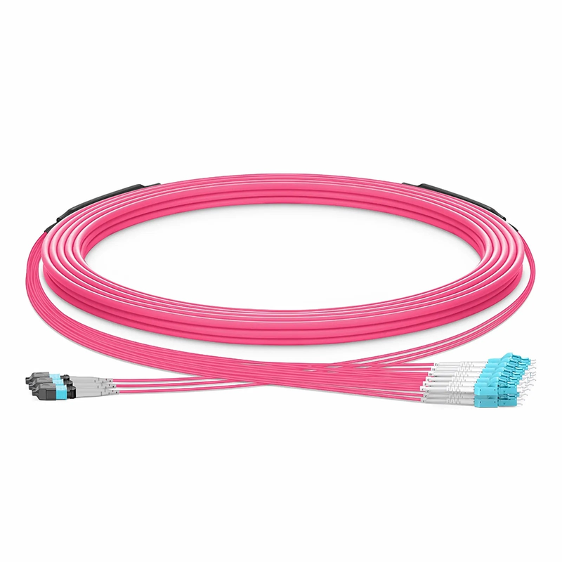 30m (98ft) MTP® Hybrid Trunk Cable, MTP®-8 UPC (Male) to 4 LC UPC Duplex Uniboot, 24 Fibers, Multimode (OM4), Plenum (OFNP), 0.20dB Max, Type B, Double Jacket, Magenta