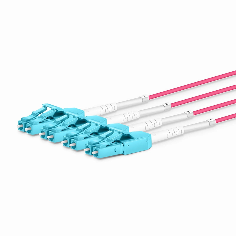 30m (98ft) MTP® Hybrid Trunk Cable, MTP®-8 UPC (Male) to 4 LC UPC Duplex Uniboot, 24 Fibers, Multimode (OM4), Plenum (OFNP), 0.20dB Max, Type B, Double Jacket, Magenta