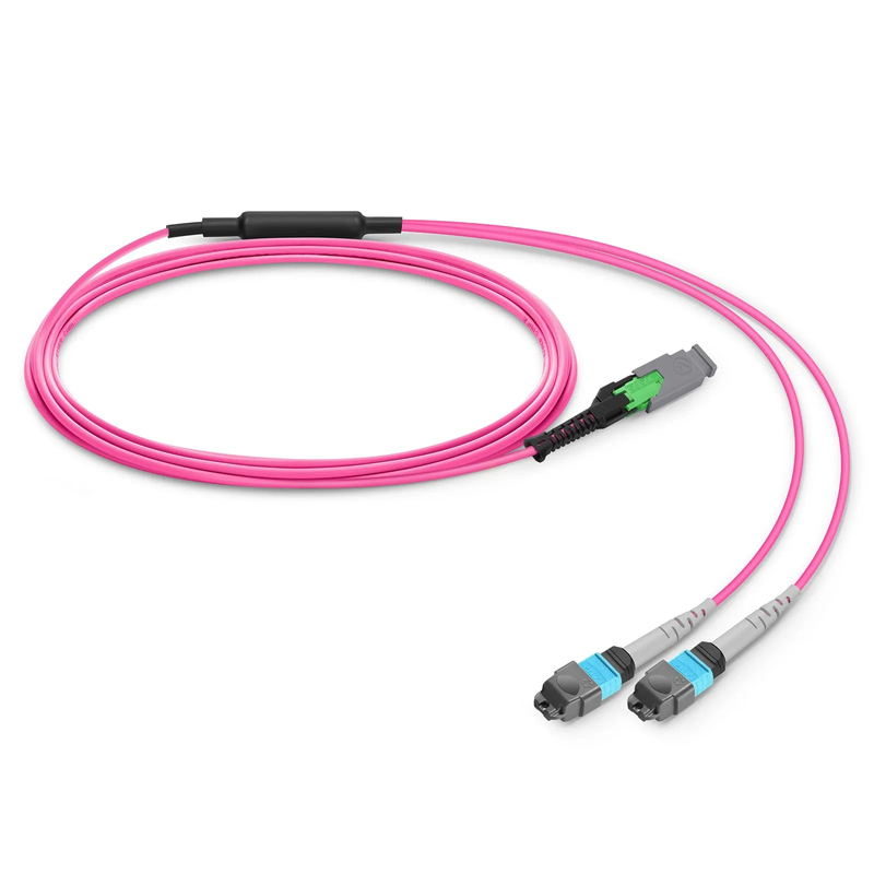 2m (7ft) MMC Breakout Cable, MMC-16 APC (Female) to 2 x MTP®-8 UPC (Female), 16 Fibers, Multimode (OM4), Plenum (OFNP), 0.35dB Max, Jumper Polarity, Magenta
