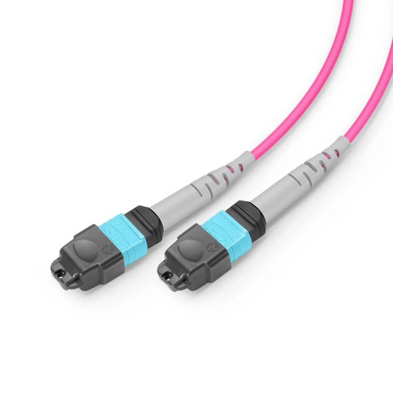 2m (7ft) MMC Breakout Cable, MMC-16 APC (Female) to 2 x MTP®-8 UPC (Female), 16 Fibers, Multimode (OM4), Plenum (OFNP), 0.35dB Max, Jumper Polarity, Magenta