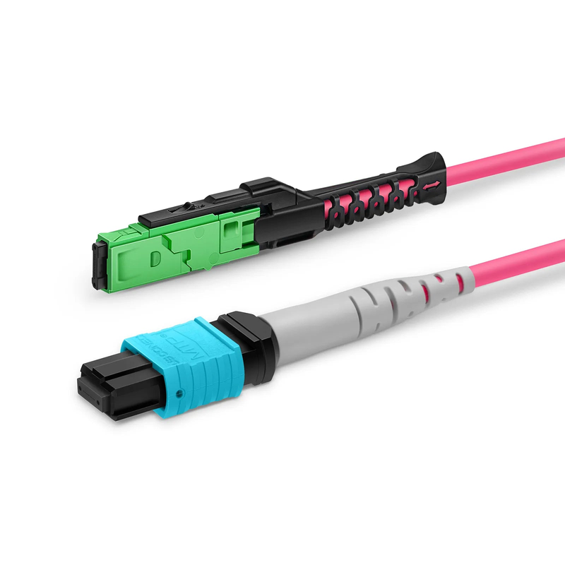 2m (7ft) MMC Breakout Cable, MMC-16 APC (Female) to 2 x MTP®-8 UPC (Female), 16 Fibers, Multimode (OM4), Plenum (OFNP), 0.35dB Max, Jumper Polarity, Magenta