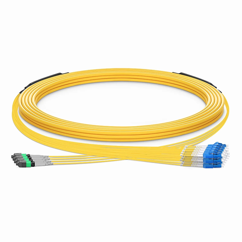 30m (98ft) MTP® Hybrid Trunk Cable, MTP®-8 APC (Male) to 4 LC UPC Duplex Uniboot, 32 Fibers, Single Mode (OS2), Plenum (OFNP), 0.35dB Max, Type B, Double Jacket, Yellow