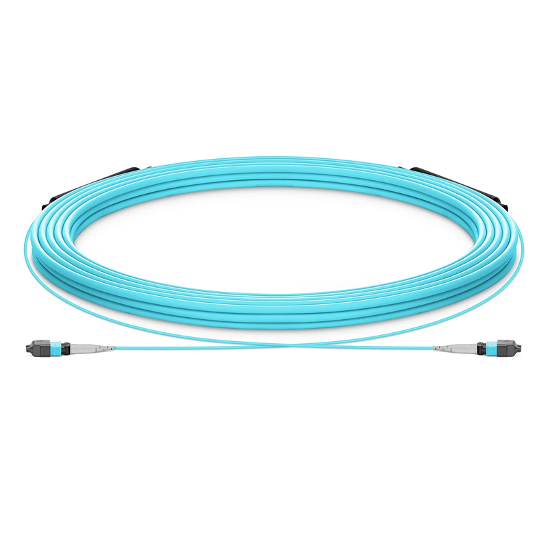 30m (98ft) MTP® Trunk Cable, MTP®-8 UPC (Male) to MTP®-8 UPC (Male), 8 Fibers, Multimode (OM3), Plenum (OFNP), 0.20dB Max, Type B, Double Jacket, Aqua