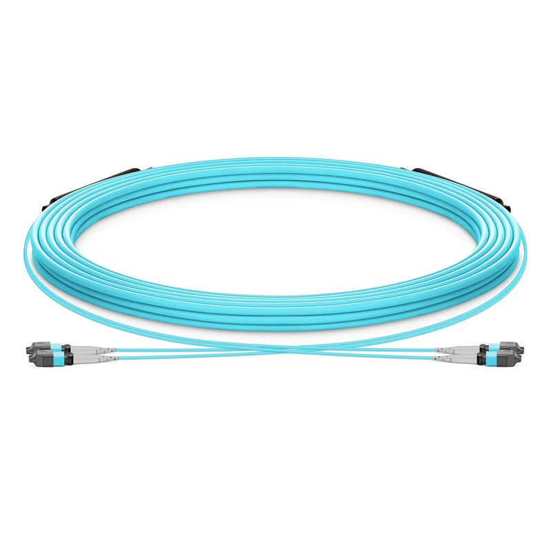 30m (98ft) MTP® Trunk Cable, MTP®-8 UPC (Male) to MTP®-8 UPC (Male), 16 Fibers, Multimode (OM3), Plenum (OFNP), 0.20dB Max, Type B, Double Jacket, Aqua