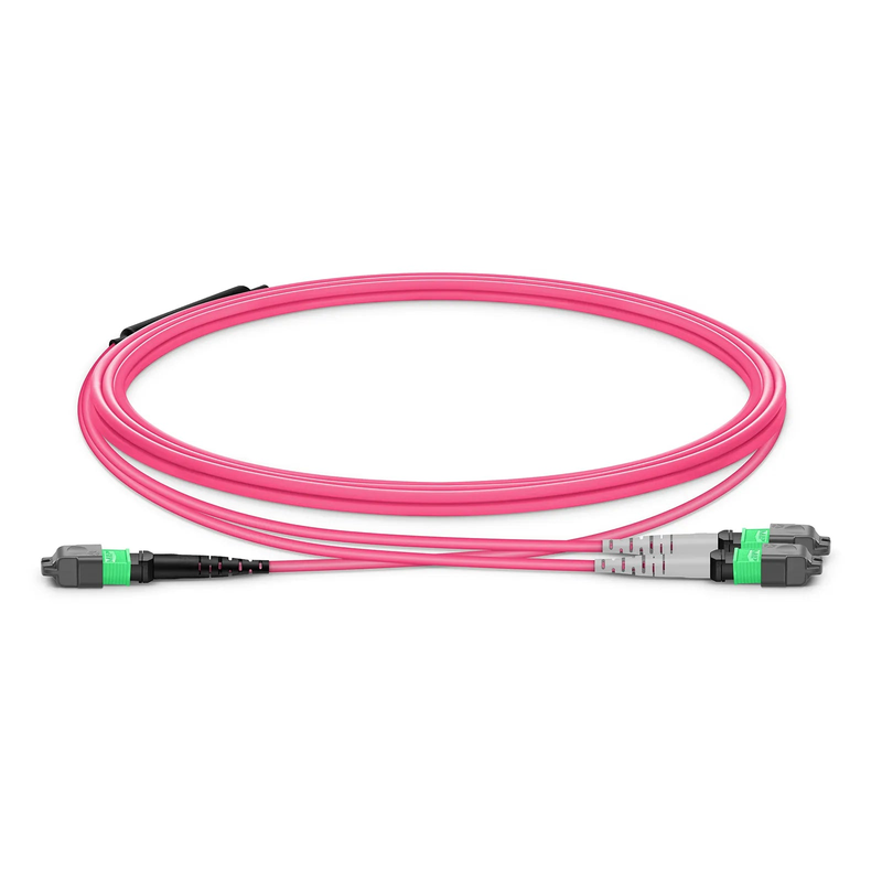 3m (10ft) MTP® Breakout Cable, MTP®-16 APC (Female) to 2 x MTP®-8 APC (Female), 16 Fibers, Multimode (OM4), Plenum (OFNP), 0.35dB Max, Crossover, Magenta