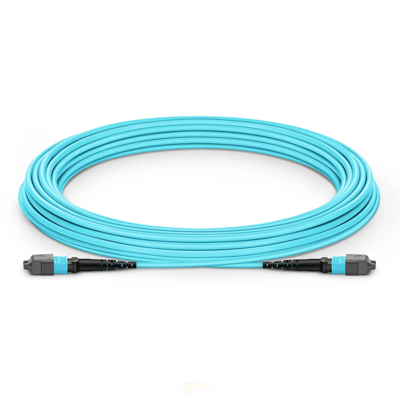 10m (33ft) MTP® Jumper, MTP®-12 UPC (Female) to MTP®-12 UPC (Female), 12 Fibers, Multimode (OM3), Plenum (OFNP), 0.35dB Max, Type A, Aqua
