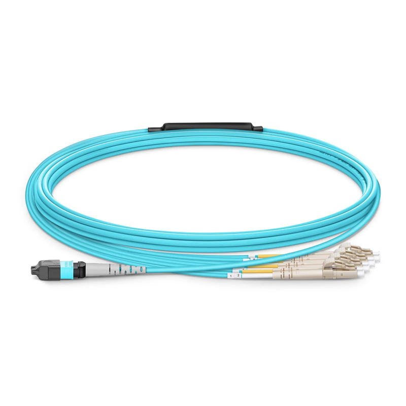 5m (16ft) MTP® Harness, MTP®-8 UPC (Female) to 4 x LC UPC Duplex, 8 Fibers, Multimode (OM4), Plenum (OFNP), 0.35dB Max, Type B, 1m Equal Breakout Length, Aqua