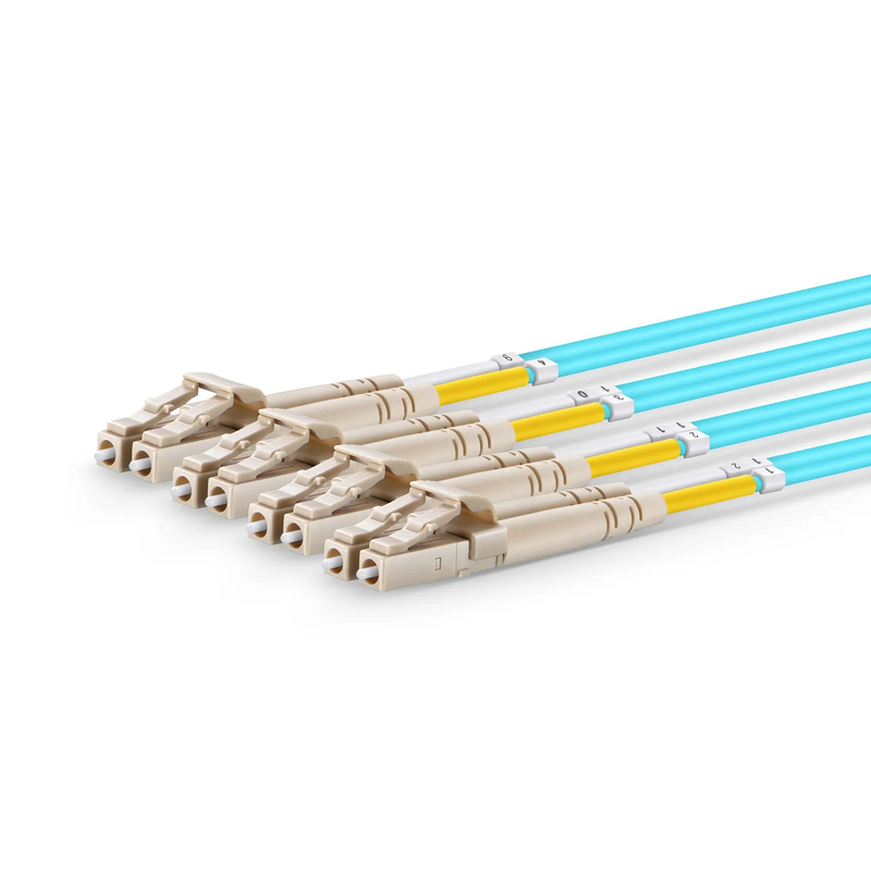 2m (7ft) MTP® Harness, MTP®-8 UPC (Female) to 4 x LC UPC Duplex, 8 Fibers, Multimode (OM4), Plenum (OFNP), 0.35dB Max, Type B, 1m Equal Breakout Length, Aqua