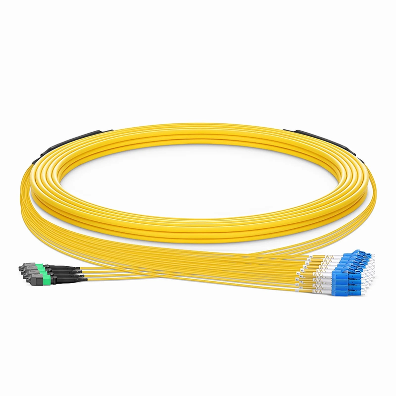 30m (98ft) MTP® Hybrid Trunk Cable, MTP®-12 APC (Female) to 6 LC UPC Duplex Uniboot, 48 Fibers, Single Mode (OS2), Plenum (OFNP), 0.35dB Max, Type B, Double Jacket, Yellow
