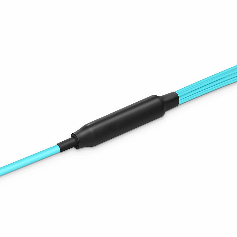 30m (98ft) MTP® Hybrid Trunk Cable, MTP®-12 UPC (Female) to 6 LC UPC Duplex Uniboot, 24 Fibers, Multimode (OM3), Plenum (OFNP), 0.20dB Max, Type B, Double Jacket, Aqua