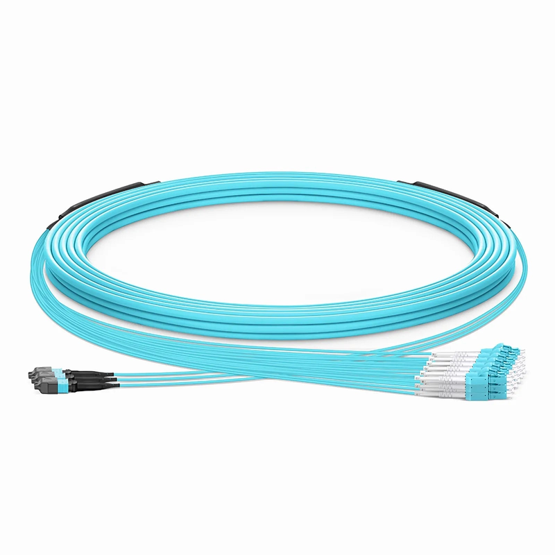 30m (98ft) MTP® Hybrid Trunk Cable, MTP®-12 UPC (Female) to 6 LC UPC Duplex Uniboot, 36 Fibers, Multimode (OM3), Plenum (OFNP), 0.20dB Max, Type B, Double Jacket, Aqua