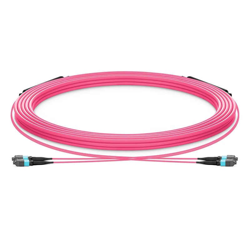 30m (98ft) MTP® Trunk Cable, MTP®-12 UPC (Male) to MTP®-12 UPC (Male), 24 Fibers, Multimode (OM4), Plenum (OFNP), 0.20dB Max, Type B, Double Jacket, Magenta