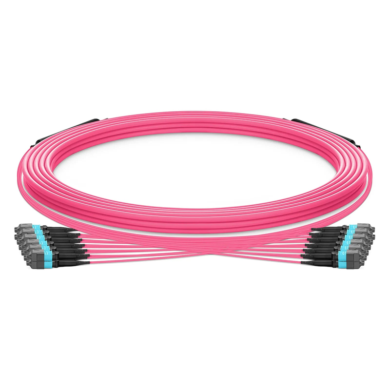30m (98ft) MTP® Trunk Cable, MTP®-12 UPC (Female) to MTP®-12 UPC (Female), 144 Fibers, Multimode (OM4), Plenum (OFNP), 0.20dB Max, Type B, Double Jacket, Magenta, with Spool