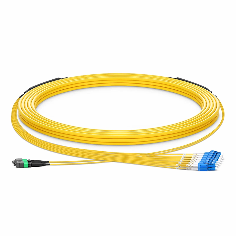 30m (98ft) MTP® Hybrid Trunk Cable, MTP®-12 APC (Female) to 6 LC UPC Duplex Uniboot, 24 Fibers, Single Mode (OS2), Plenum (OFNP), 0.35dB Max, Type B, Double Jacket, Yellow