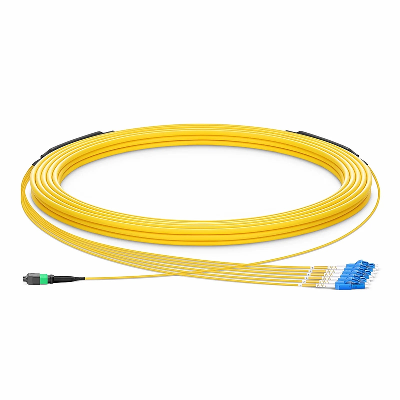 30m (98ft) MTP® Hybrid Trunk Cable, MTP®-12 APC (Female) to 6 LC UPC Duplex Uniboot, 12 Fibers, Single Mode (OS2), Plenum (OFNP), 0.35dB Max, Type B, Double Jacket, Yellow