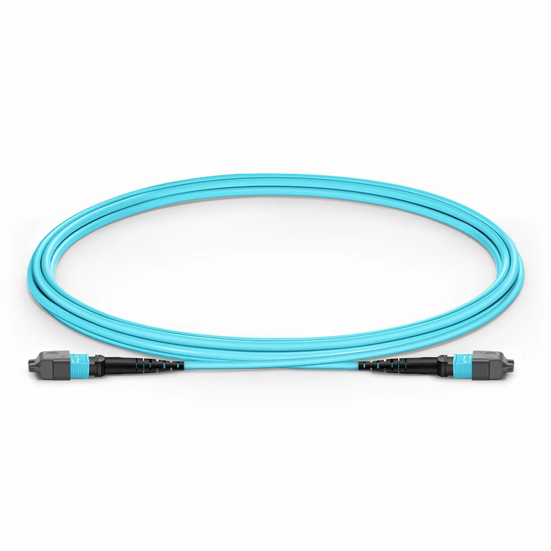 2m (7ft) MTP® Jumper, MTP®-12 UPC (Female) to MTP®-12 UPC (Female), 12 Fibers, Multimode (OM3), Plenum (OFNP), 0.35dB Max, Type B, Aqua