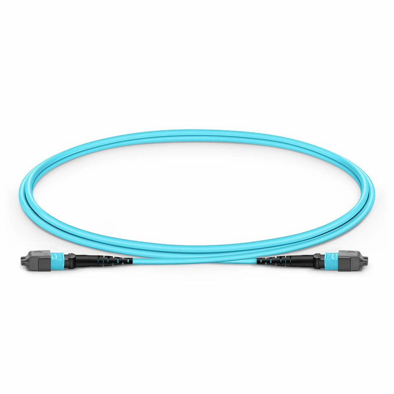 1m (3ft) MTP® Jumper, MTP®-12 UPC (Female) to MTP®-12 UPC (Female), 12 Fibers, Multimode (OM3), Plenum (OFNP), 0.35dB Max, Type B, Aqua