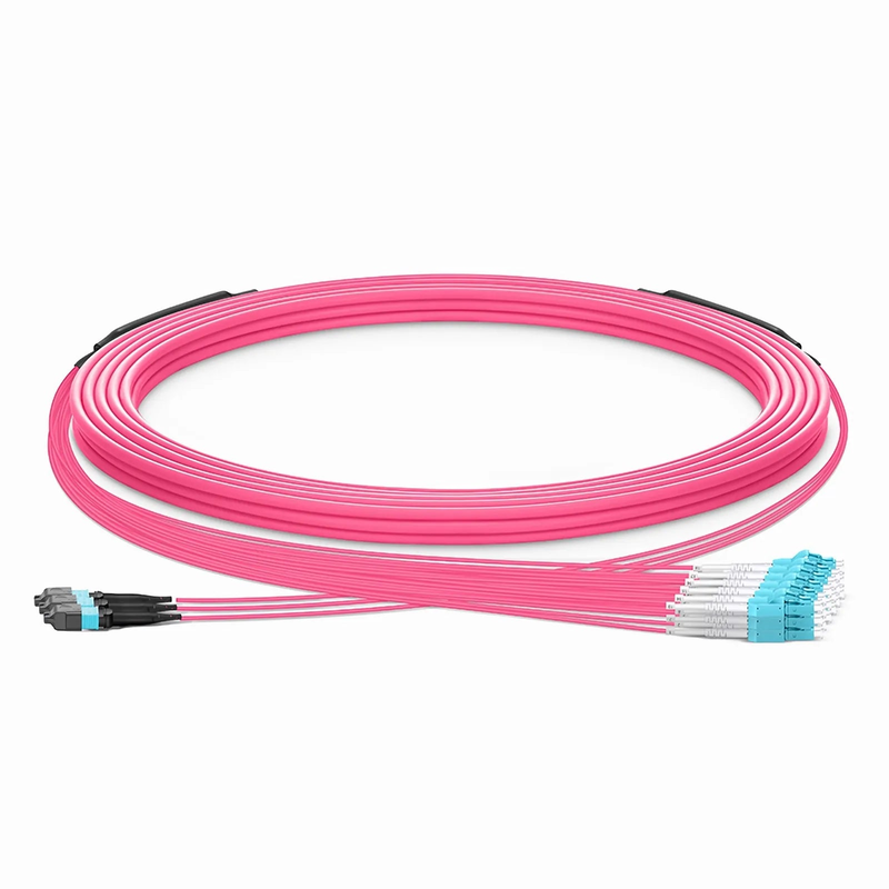 30m (98ft) MTP® Hybrid Trunk Cable, MTP®-12 UPC (Female) to 6 LC UPC Duplex Uniboot, 36 Fibers, Multimode (OM4), Plenum (OFNP), 0.20dB Max, Type B, Double Jacket, Magenta