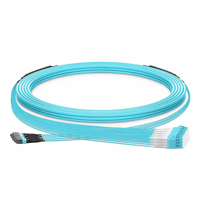 30m (98ft) MTP® Hybrid Trunk Cable, MTP®-12 UPC (Female) to 6 LC UPC Duplex Uniboot, 48 Fibers, Multimode (OM3), Plenum (OFNP), 0.20dB Max, Type B, Double Jacket, Aqua