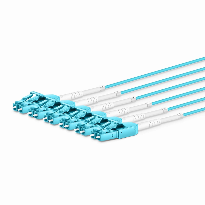 30m (98ft) MTP® Hybrid Trunk Cable, MTP®-12 UPC (Female) to 6 LC UPC Duplex Uniboot, 48 Fibers, Multimode (OM3), Plenum (OFNP), 0.20dB Max, Type B, Double Jacket, Aqua