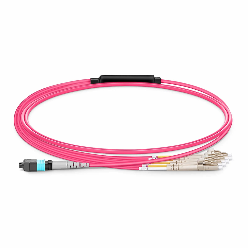 1m (3ft) MTP® Harness, MTP®-8 UPC (Female) to 4 x LC UPC Duplex, 8 Fibers, Multimode (OM4), Plenum (OFNP), 0.35dB Max, Type B, Magenta