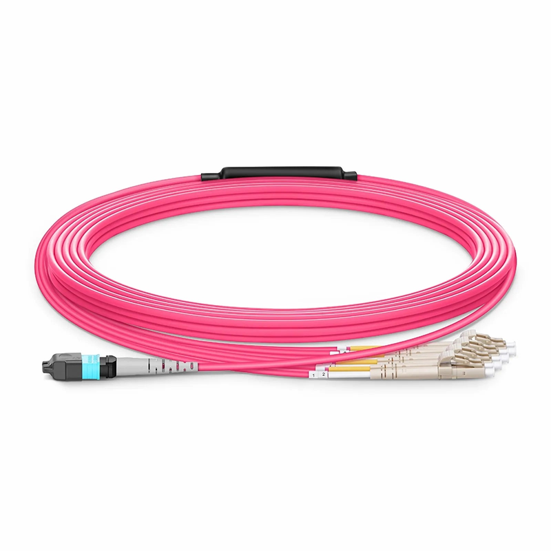 10m (33ft) MTP® Harness, MTP®-8 UPC (Female) to 4 x LC UPC Duplex, 8 Fibers, Multimode (OM4), Plenum (OFNP), 0.35dB Max, Type B, Magenta