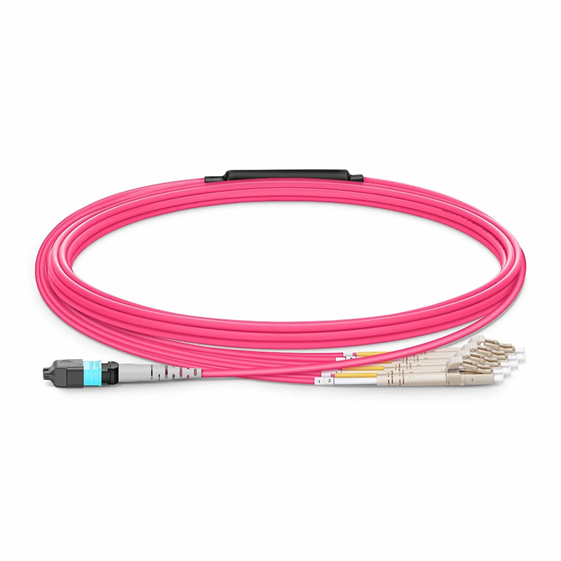 3m (10ft) MTP® Harness, MTP®-8 UPC (Female) to 4 x LC UPC Duplex, 8 Fibers, Multimode (OM4), Plenum (OFNP), 0.35dB Max, Type B, Magenta