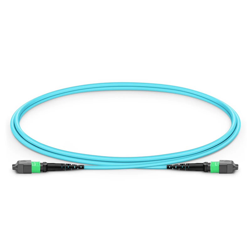 1m (3ft) MTP® Jumper, MTP®-16 APC (Female) to MTP®-16 APC (Female), 16 Fibers, Multimode (OM3), Dual Rated (OFNR/LSZH), 0.35dB Max, Crossover, Aqua