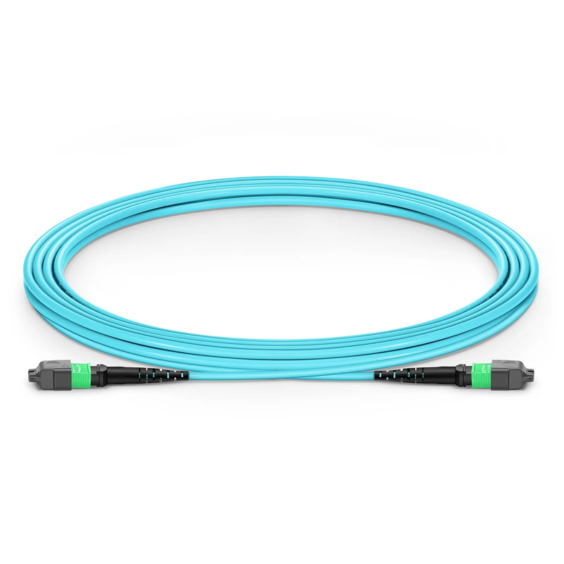 3m (10ft) MTP® Jumper, MTP®-16 APC (Female) to MTP®-16 APC (Female), 16 Fibers, Multimode (OM3), Plenum (OFNP), 0.35dB Max, Crossover, Aqua