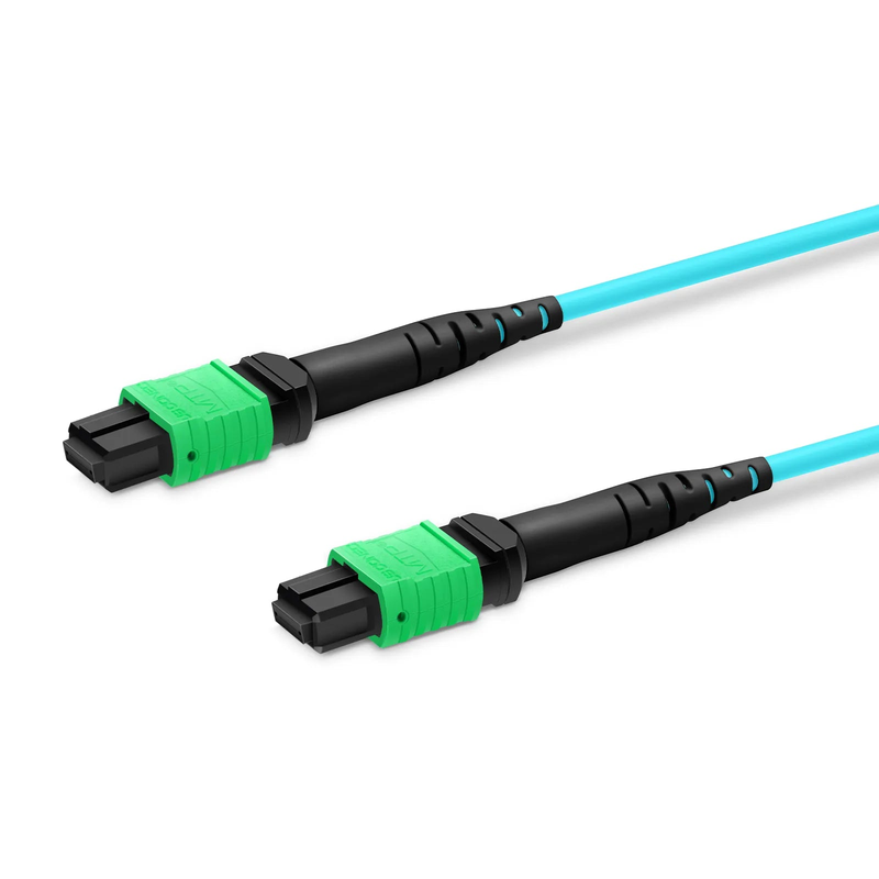 3m (10ft) MTP® Jumper, MTP®-16 APC (Female) to MTP®-16 APC (Female), 16 Fibers, Multimode (OM3), Plenum (OFNP), 0.35dB Max, Crossover, Aqua