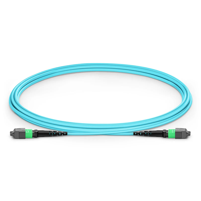 2m (7ft) MTP® Jumper, MTP®-16 APC (Female) to MTP®-16 APC (Female), 16 Fibers, Multimode (OM3), Plenum (OFNP), 0.35dB Max, Crossover, Aqua