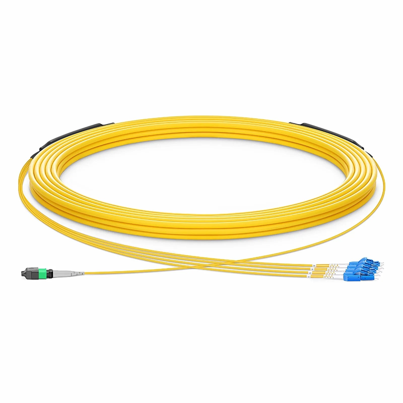30m (98ft) MTP® Hybrid Trunk Cable, MTP®-8 APC (Female) to 4 LC UPC Duplex Uniboot, 8 Fibers, Single Mode (OS2), Plenum (OFNP), 0.35dB Max, Type B, Double Jacket, Yellow