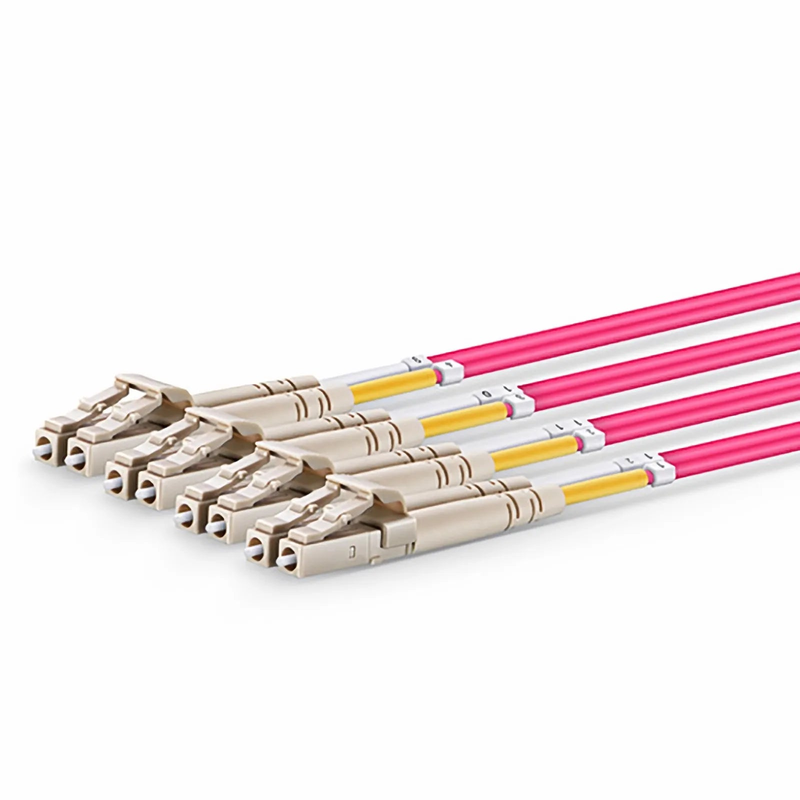 2m (7ft) MTP® Harness, MTP®-8 UPC (Female) to 4 x LC UPC Duplex, 8 Fibers, Multimode (OM4), Plenum (OFNP), 0.35dB Max, Type B, 1m Equal Breakout Length, Magenta