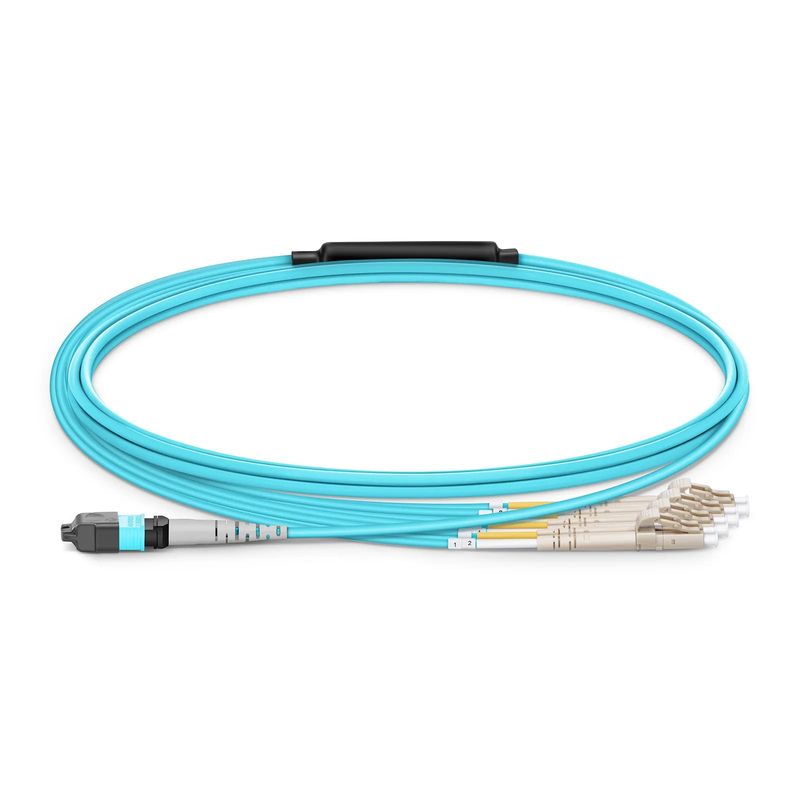 2m (7ft) MTP® Harness, MTP®-8 UPC (Female) to 4 x LC UPC Duplex, 8 Fibers, Multimode (OM4), Plenum (OFNP), 0.35dB Max, Type B, 1m Equal Breakout Length, Aqua