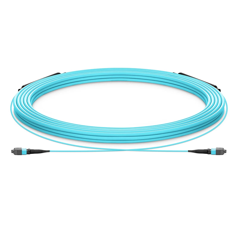30m (98ft) MTP® Trunk Cable, MTP®-12 UPC (Male) to MTP®-12 UPC (Female), 12 Fibers, Multimode (OM3), Plenum (OFNP), 0.20dB Max, Type A, Double Jacket, Aqua