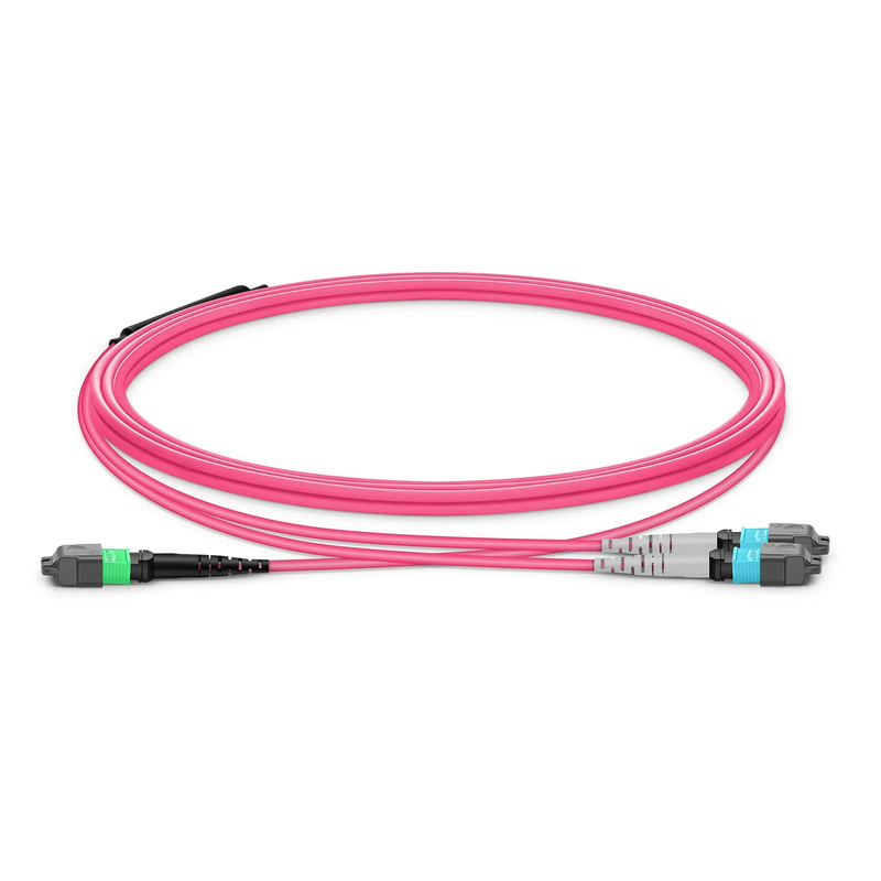 10m (33ft) MTP® Breakout Cable, MTP®-16 APC (Female) to 2 x MTP®-8 UPC (Female), 16 Fibers, Multimode (OM4), Plenum (OFNP), 0.35dB Max, Crossover, Magenta