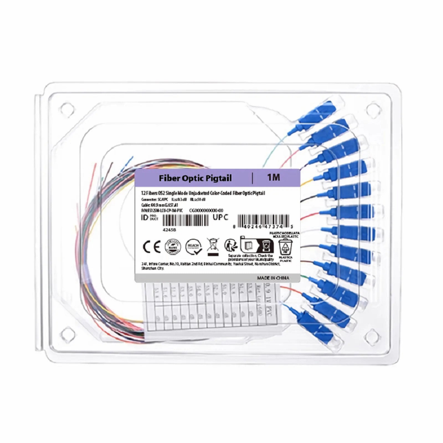 1m (3ft) Fiber Pigtail, SC UPC to Unterminated, 12 Fibers, Unjacketed Color-Coded, OS2 Single Mode, PVC (Unrated), 0.9mm, 12-Color